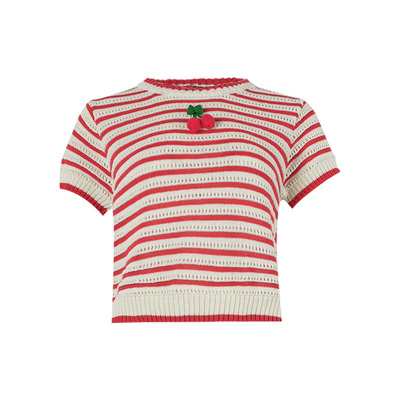 CLOUDSEASON热吻樱桃针织短袖上衣女短袖女t恤2026新款条纹短袖