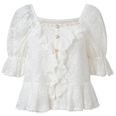 【2件8折】MAXRIENY法式浪漫蕾丝雪纺衫女织带绣花修身上衣