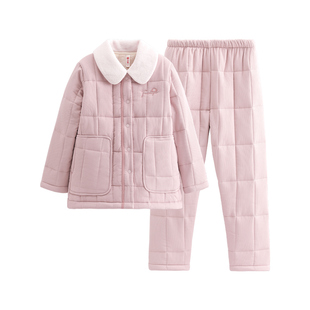 芬腾女士睡衣秋冬季三层加厚夹棉珊瑚绒套装抗静电加绒加厚家居服