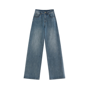 【蒙奇】复古酵素洗软垂棉弹植绒显瘦高经典百搭直筒牛仔裤-59706