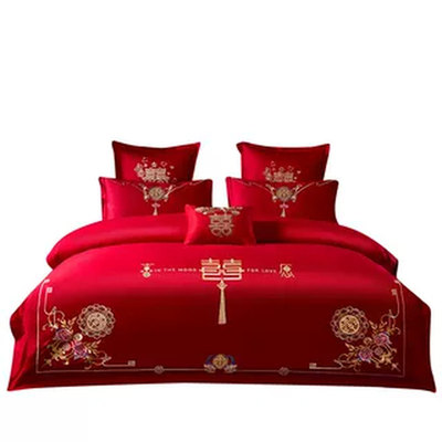 水星家纺婚庆四件套120s全棉刺绣多件套龙凤喜庆大红被套床上用品