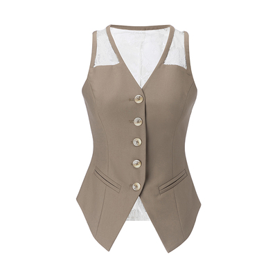 卡其老钱风V领蕾丝修身马夹