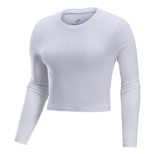 Nike耐克女子短款修身长袖上衣秋季新款刺绣针织打底衫HF5323-100