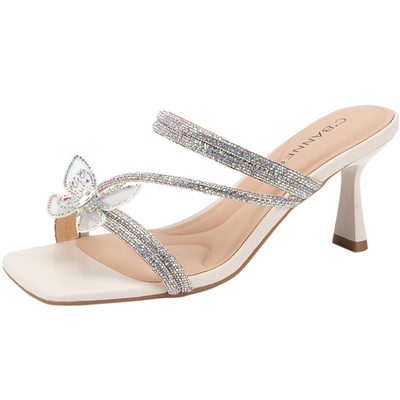 千百度细高跟凉拖鞋蝴蝶