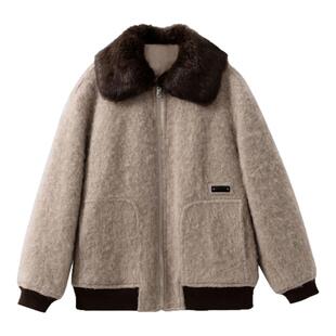 现货【巴黎贵妇】绵羊毛+山羊绒 重磅拉毛拉绒毛领拼接夹克外套