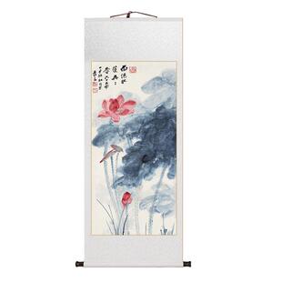 张大千玄关画名家水墨荷花图卷轴挂画中式客厅书房茶室装饰壁画