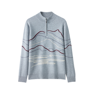 皮皮狗25秋冬新款男士半高领提花羊绒套衫半拉链刺绣装饰线条