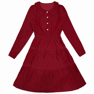 法式复古小众温柔红色裙子女秋冬小个子a字裙修身显瘦高腰连衣裙