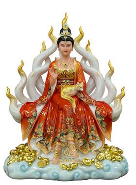 汉白玉彩绘九尾娘娘神像摆件