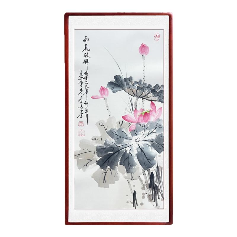 手绘国画荷花玄关客厅装饰画走廊挂画卧室餐厅壁画水墨木框装裱画
