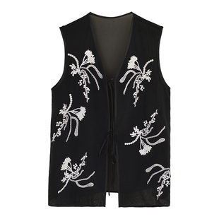 因由 波嬉风马甲欧根纱重工新中式刺绣坎肩高级感黑色带背心上衣