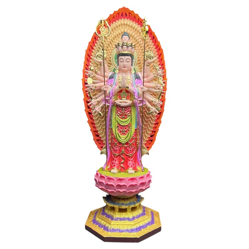 千手观音佛像圆雕站立12寸桧木雕刻莲花底座人物玄关装饰摆件包邮