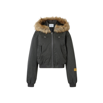 JAC FLEURANT2025新款棕色毛领拼接灰色水洗棉服女时尚连帽冬装