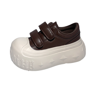 7cm厚底大头面包鞋女2025冬季新款小个子增高复古魔术贴真皮板鞋