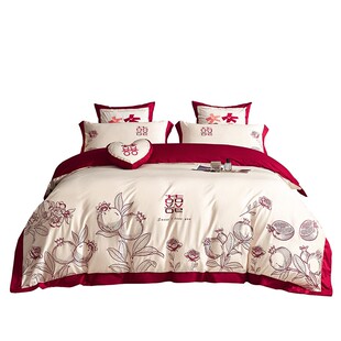 120支长绒棉婚庆四件套全棉酒红色刺绣高端结婚房礼纯棉床上用品4