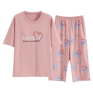 2025年带胸垫睡衣女夏季短袖七分裤纯棉休闲全棉中裤家居服两件套