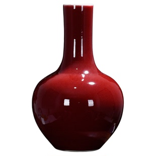 【柴窑】景德镇陶瓷花瓶原矿仿康熙红釉天球瓶公司收藏瓷器摆件