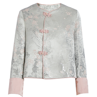 qs秸熙春秋新款改良轻国风织锦缎外套光感提花盘扣新中式显瘦上衣