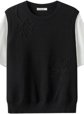 播春季黑白拼接针织短袖女提花韩系上衣BDS1SD1262