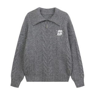 BIPOLAR翻领半开拉链绞花毛衣休闲百搭上衣韩系宽松内搭情侣外套