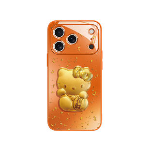 适用金箔HelloKitty手机壳iPhone17新款苹果17promax橙色凯蒂猫15plus高级感16pro女款14招财13/12/11玻璃xr