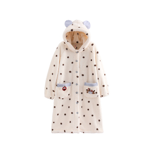 芬腾珊瑚绒连帽睡袍女加绒加厚睡衣女款秋冬季抗静电法兰绒家居服