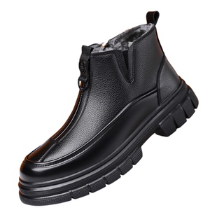 稻草人棉鞋男款春季加绒加厚保暖高帮真皮中老年爸爸鞋雪地棉皮靴