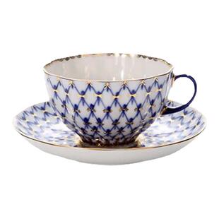 俄皇Lomonosov钴蓝网纹茶杯咖啡杯茶壶下午茶具精致高档套装礼盒