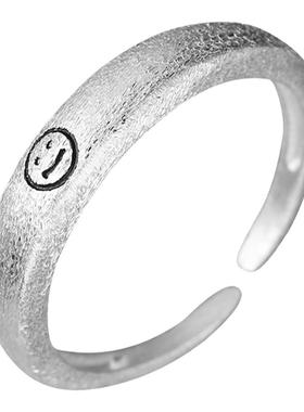 s925通体纯银笑脸戒指女磨砂拉丝小众设计微笑开口可调节百搭指环
