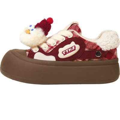 TTKJ加绒胖星鞋女鞋冬季新款丑萌大头厚底面包鞋毛毛板鞋保暖棉鞋