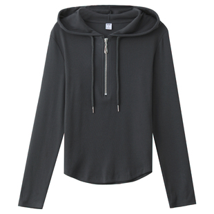 连帽短款长袖t恤女春2026新款韩版设计感小众薄款时尚拉链棉上衣