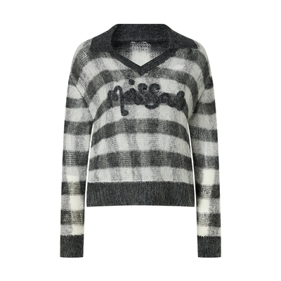 黑白撞色马海毛混纺针织套头衫