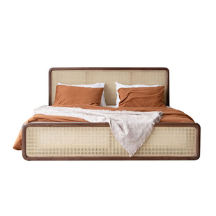 北欧日式藤编双人床复古侘寂风实木民宿床家用酒店1.8米原木藤床