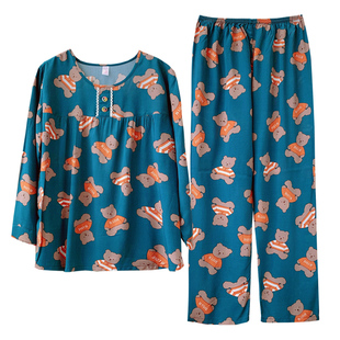 夏季大码舒适绵绸睡衣女士薄款长袖套装棉稠人造棉睡衣空调家居服