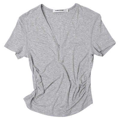 CLIMAX VISION轻薄凉爽舒弹V领拉链短袖T恤女褶皱收腰显瘦上衣