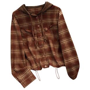 美拉德格纹子连帽长袖衬衫外套薄款女2026早春季新款下摆抽绳上衣