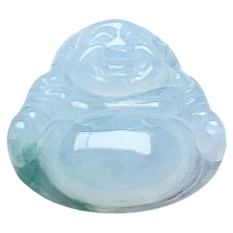 天然翡翠冰种弥勒佛乳白淡绿飘花
