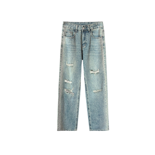 绝美重工烫钻~！窄版破洞阔腿牛仔裤女2026春新款高腰宽松长裤子