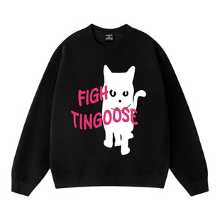 FIGHTINGOOSE卡通趣味猫咪字母印花圆领卫衣男国潮美式慵懒风长袖