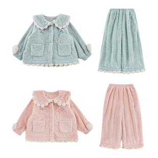 幼悠女童双面绒撞色毛球花边家居服冬季甜美女孩绣花标签保暖睡衣