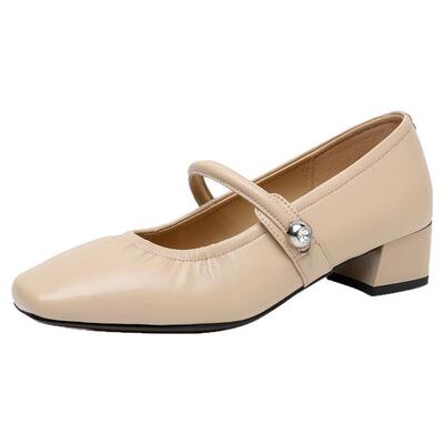 真皮羊皮玛丽珍女鞋百搭粗跟单鞋