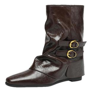 达芙妮棕色短靴女2025新款冬季西部牛仔骑士加绒尖头内增高裤管靴