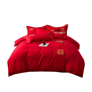 婚庆大红色四件套纯棉水洗棉结婚床上用品陪嫁喜庆高级感床单被套