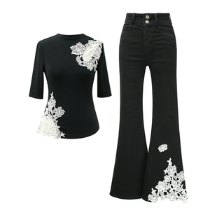 彼得潘大叔《墨上花开》蕾丝花边装饰五分袖上衣修身喇叭牛仔裤