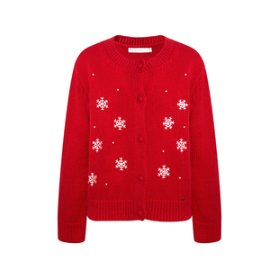 Kroche  雪精灵 立体撞色手钩绣 雪花点缀圆领宽松毛衣开衫