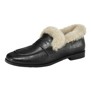 星期六加绒加厚保暖乐福鞋秋冬季新款深口方头粗跟中跟毛毛单鞋