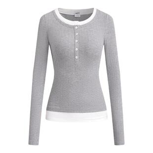 A21女装针织修身圆领假两件长袖T恤潮牌时尚休闲撞色百搭微弹上衣