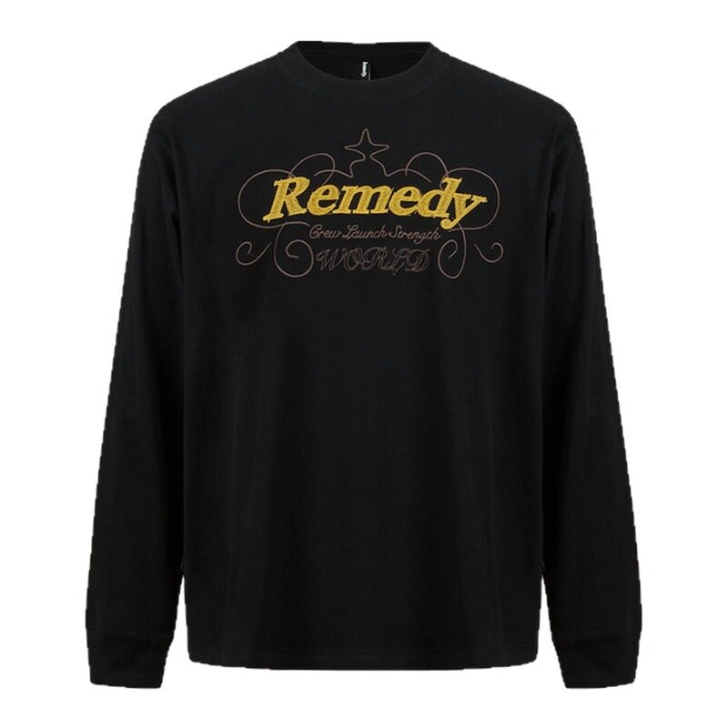 Remedy 国潮秋季字母刺绣宽松圆领打底衫美式潮牌情侣长袖T恤男女