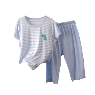 苞米布衣儿童条纹短袖家居服套装莫代尔男童夏季空调服薄T恤睡衣