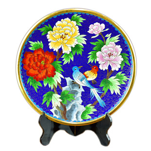 北京景泰蓝赏盘10寸铜胎掐丝珐琅彩摆盘富贵牡丹花看盘子客厅摆件